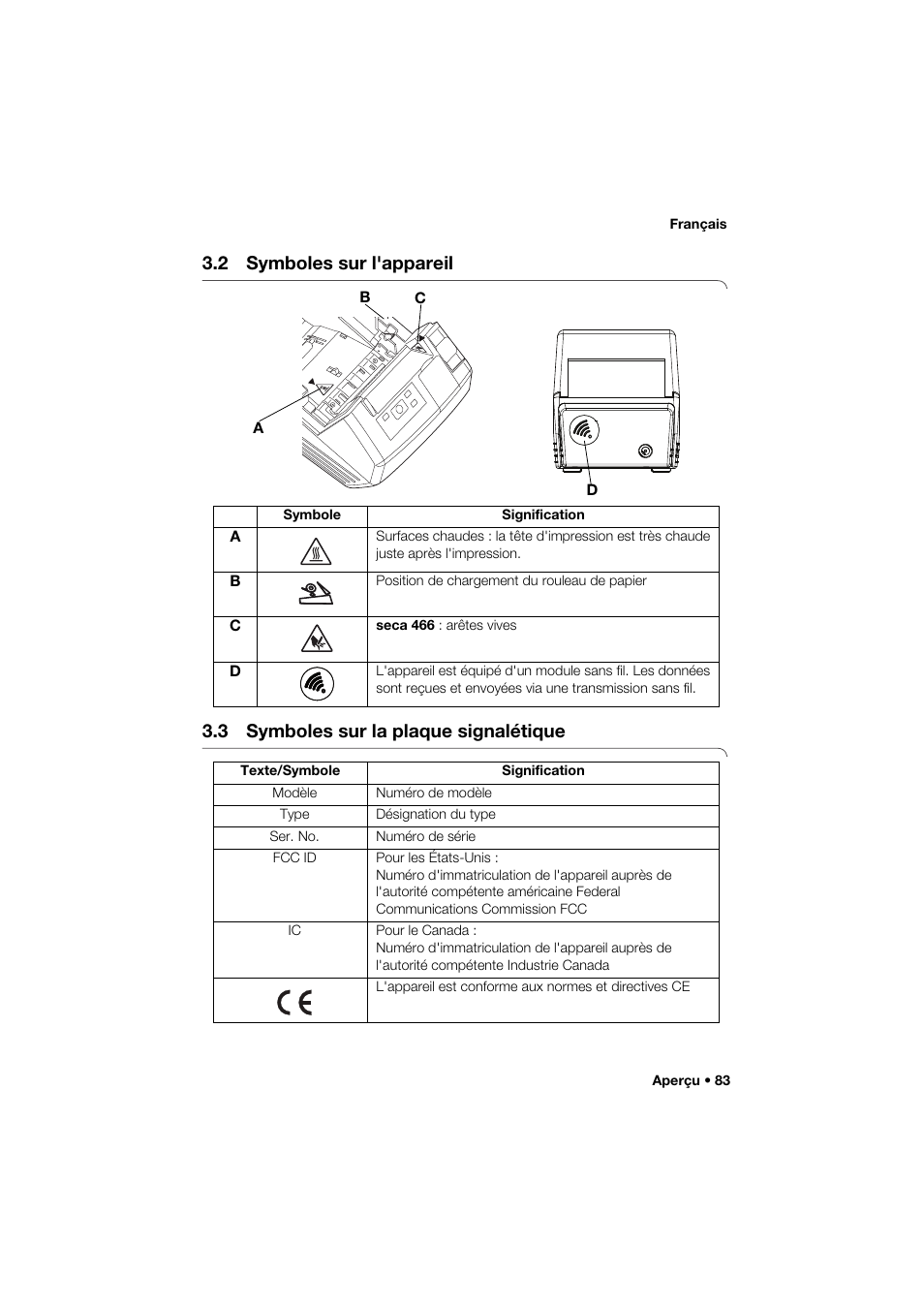 2 symboles sur l'appareil, 3 symboles sur la plaque signalétique | Seca 466 User Manual | Page 83 / 268