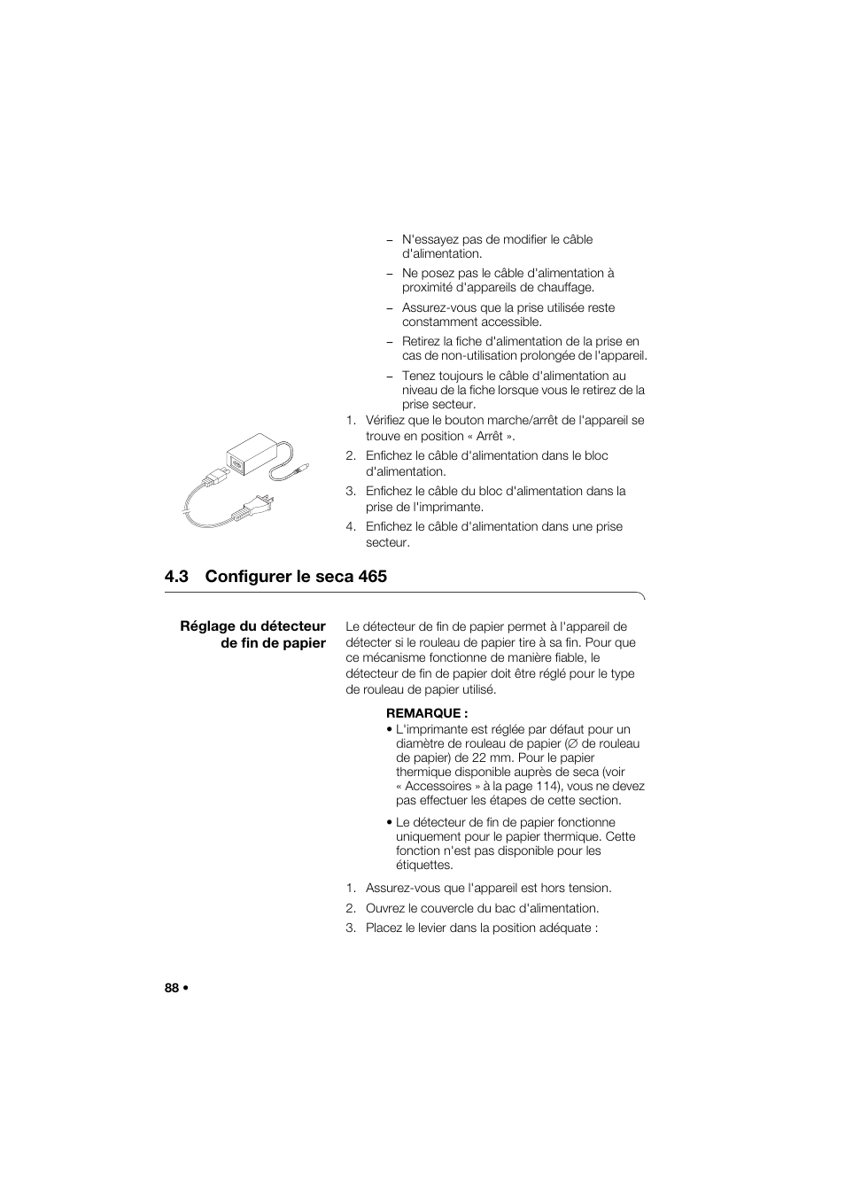 3 configurer le seca 465, Réglage du détecteur de fin de papier | Seca 466 User Manual | Page 88 / 268