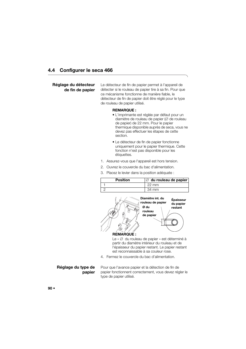 4 configurer le seca 466, Réglage du détecteur de fin de papier, Réglage du type de papier | Seca 466 User Manual | Page 90 / 268
