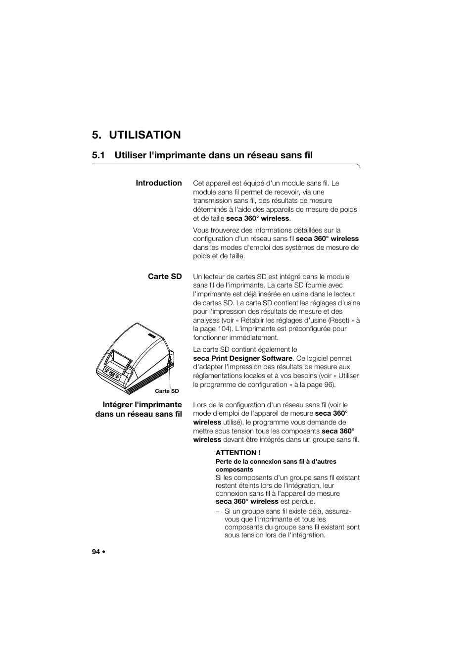 Utilisation, 1 utiliser l'imprimante dans un réseau sans fil, Introduction | Carte sd, Intégrer l'imprimante dans un réseau sans fil | Seca 466 User Manual | Page 94 / 268