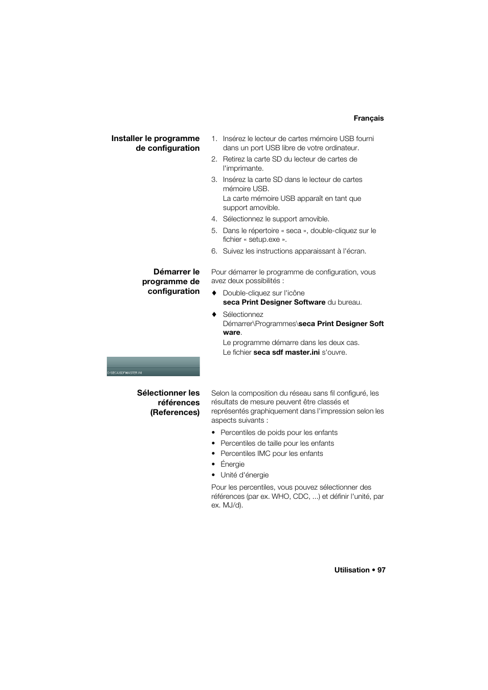 Installer le programme de configuration, Démarrer le programme de configuration, Sélectionner les références (references) | Seca 466 User Manual | Page 97 / 268