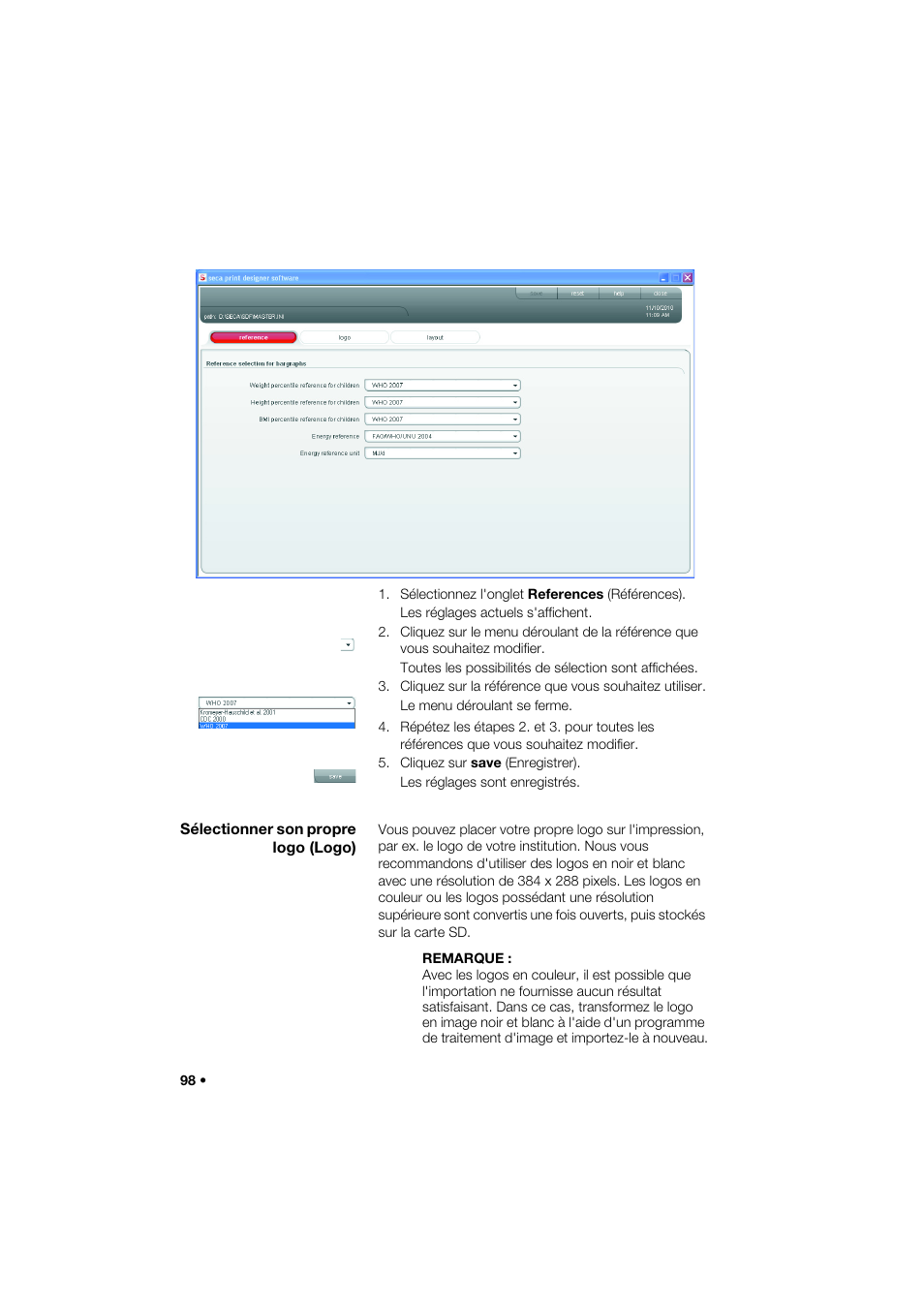 Sélectionner son propre logo (logo) | Seca 466 User Manual | Page 98 / 268