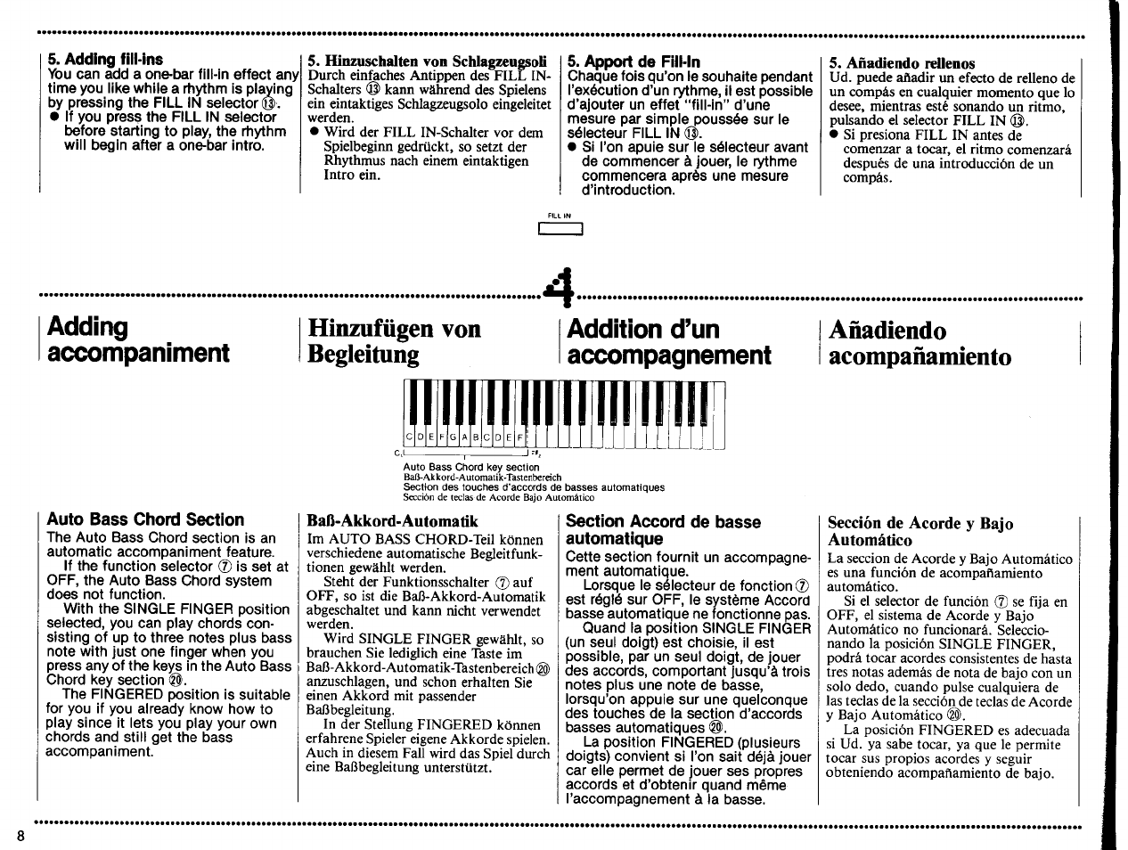 Hinzufügen von begleitung, Añadiendo, Acompañamiento | Adding accompaniment, Añadiendo acompañamiento | Yamaha PSS-370 User Manual | Page 10 / 24