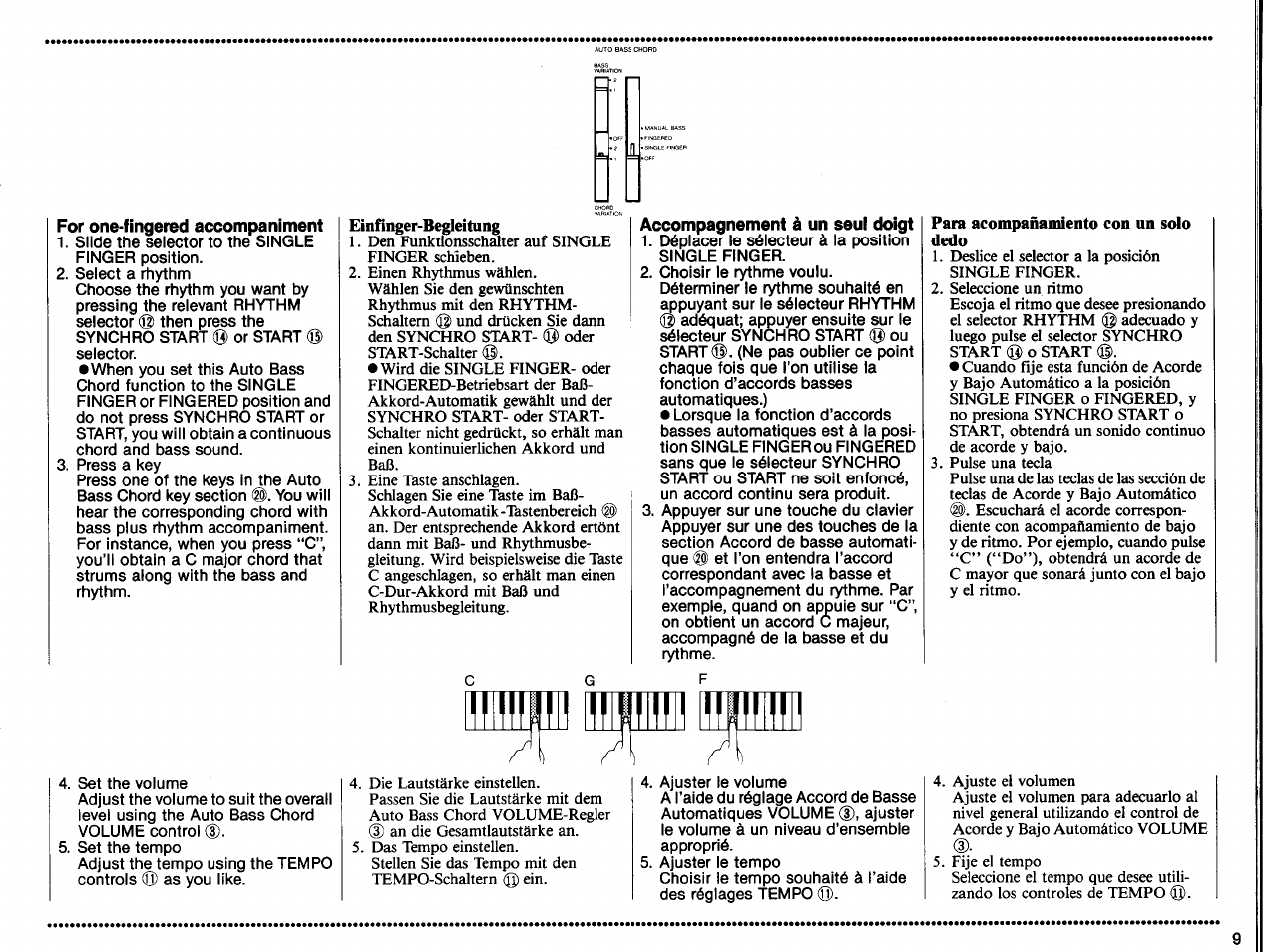 For one-fingered accompaniment, Einfinger-begleitung, Accompagnement à un seul doigt | Para acompañaimento con un solo, Dedo | Yamaha PSS-370 User Manual | Page 11 / 24