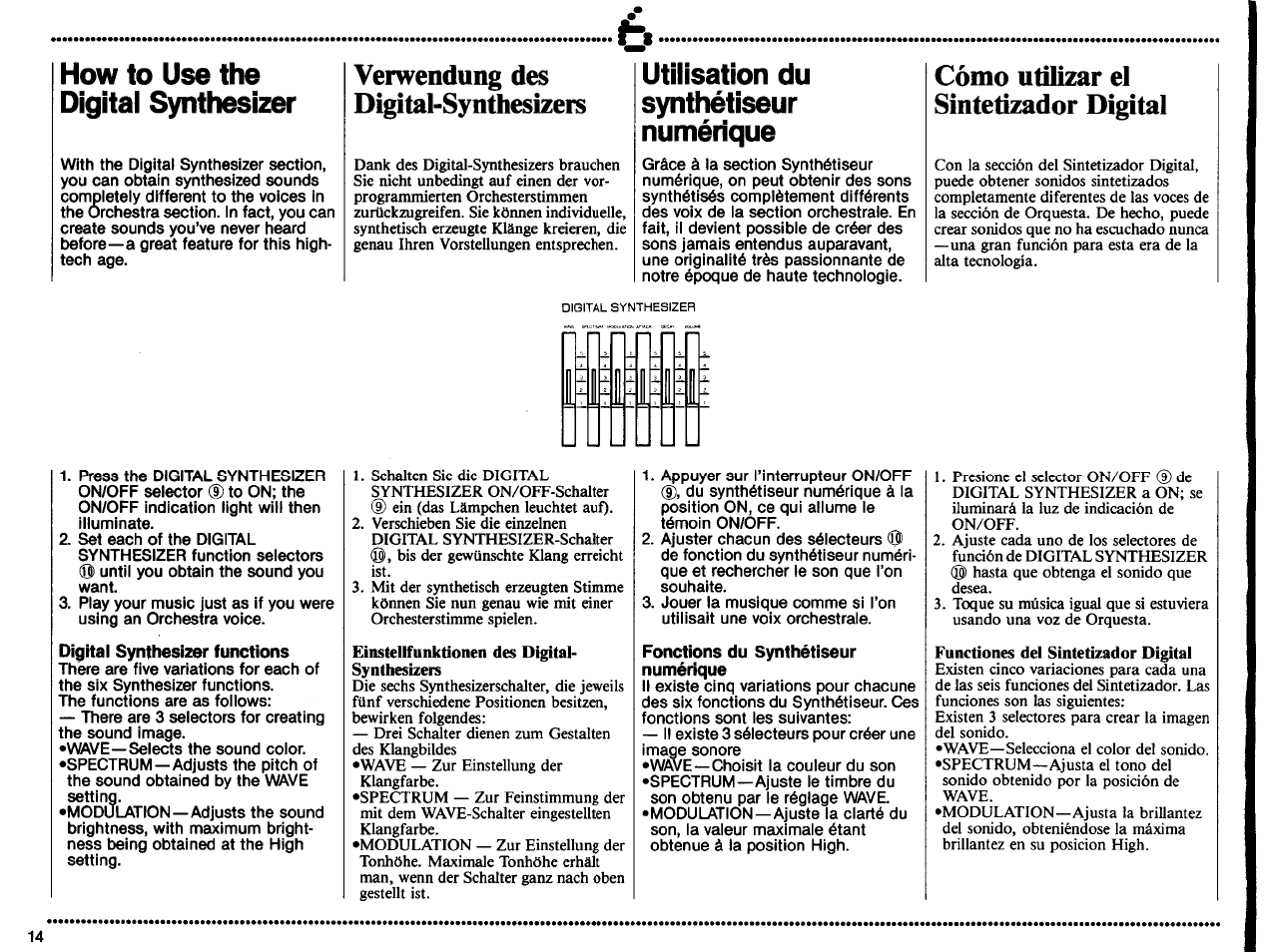 Verwendung des digital-synthesizers, Cómo utilizar el sintetizador digital, Digital synthesizer functions | Fonctions du synthétiseur numérique, How to use the digital synthesizer, Utilisation du synthétiseur numérique | Yamaha PSS-370 User Manual | Page 16 / 24