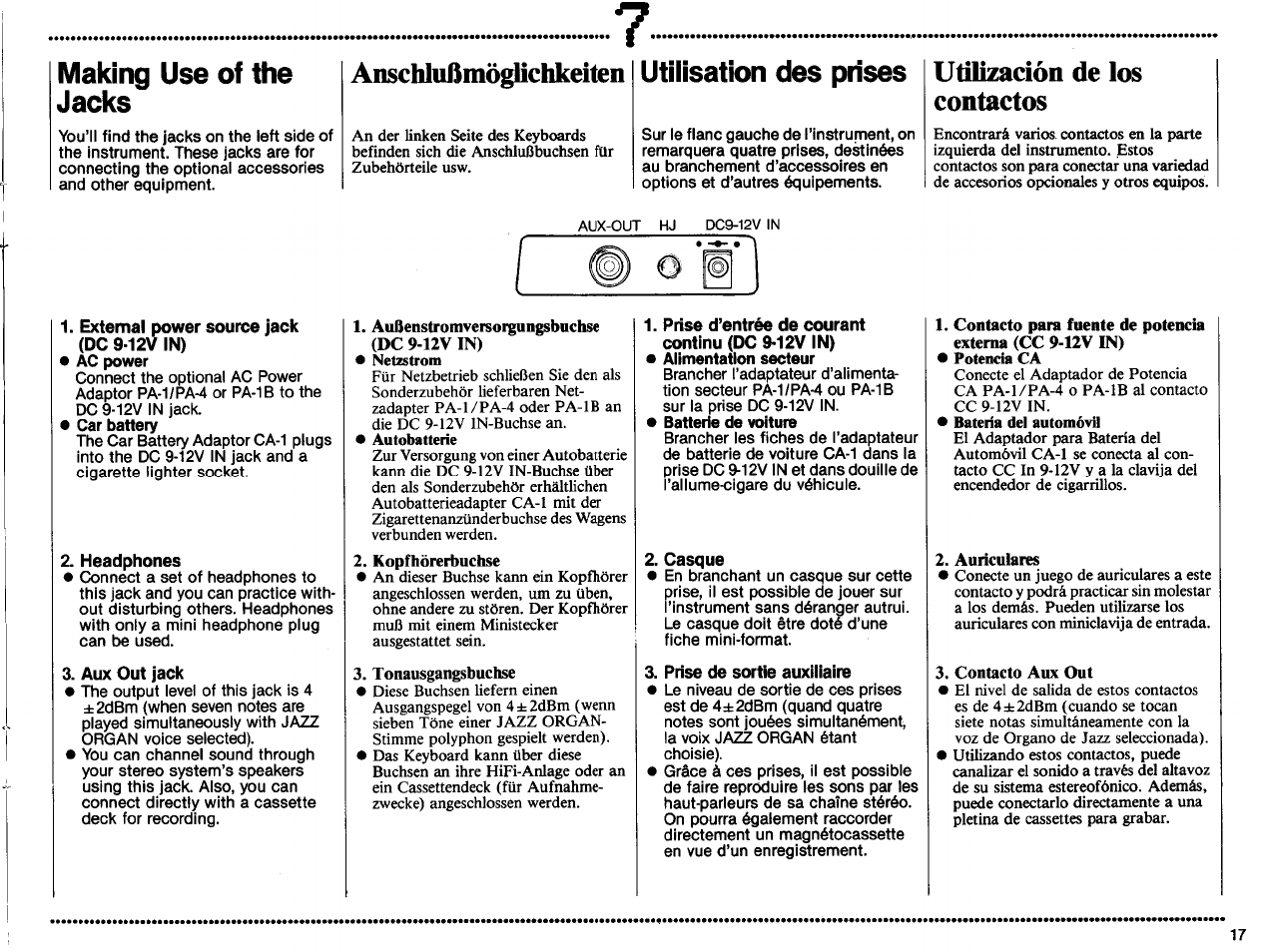 Anschlußmöglichkeiten, Utílizacíón de los contactos, Casque | Prise de sortie auxiliaire, Making use of the jacks, Utilisation des prises | Yamaha PSS-370 User Manual | Page 19 / 24
