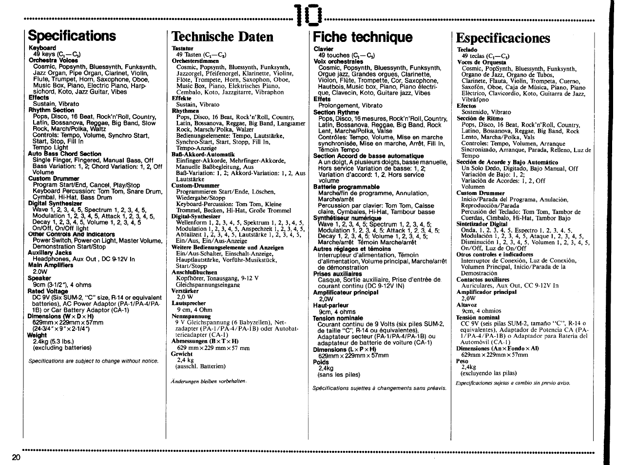 Technische daten, Especificaciones, Specifications | Fiche technique | Yamaha PSS-370 User Manual | Page 22 / 24