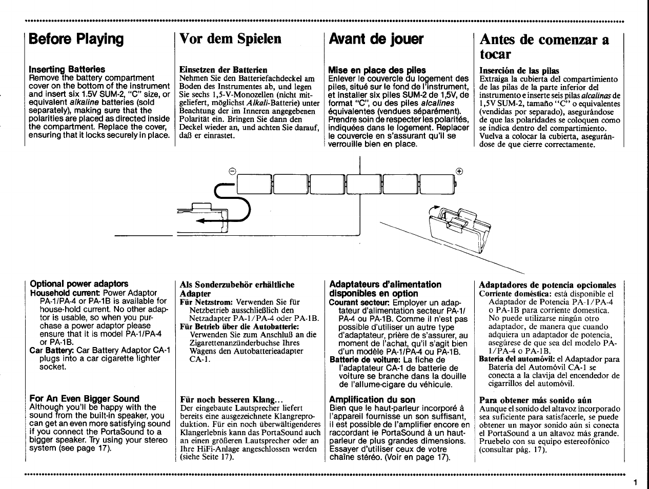 Inserting batteries, For an even bigger sound, Vor dem spielen | Mise en place des piles, Antes de comenzar a tocar, Amplification du son, Before playing, Avant de jouer | Yamaha PSS-370 User Manual | Page 3 / 24