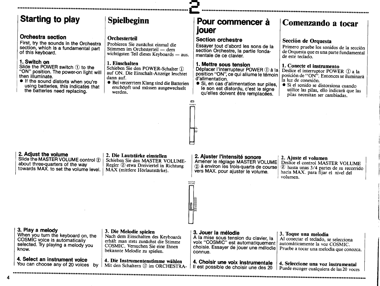 Switch on, Spielbeginn, Orchesterteil | Section orchestre, Mettre sous tension, Comenzando a tocar, Sección de orquesta, Adjust the volume, Ajuster l’intensité sonore, Play a melody | Yamaha PSS-370 User Manual | Page 6 / 24
