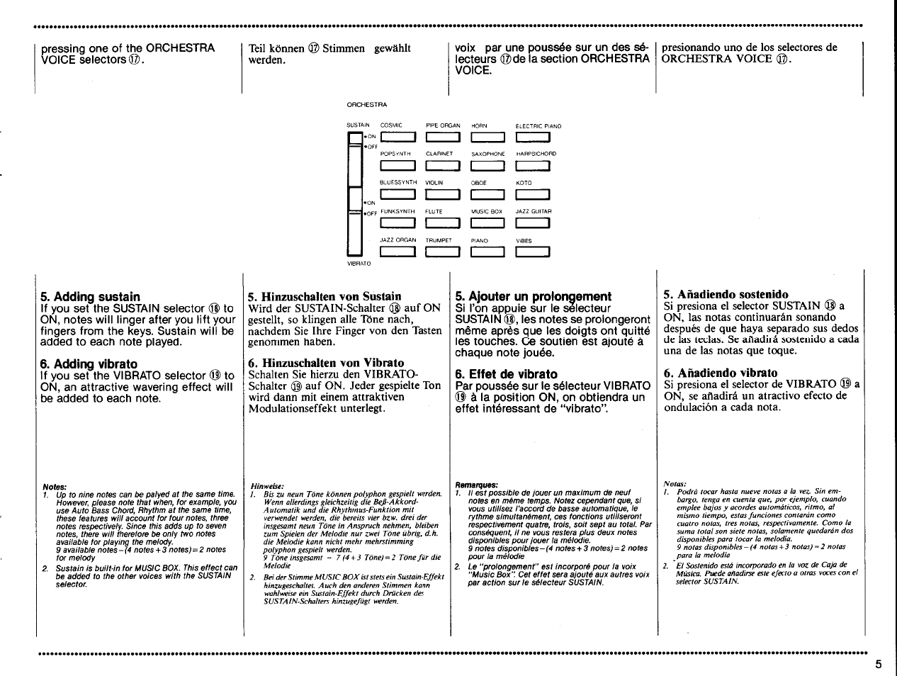 Adding sustain, Adding vibrato, Hinzuschalten von sustain | Hinzuschalten von vibrato, Ajouter un prolongement, Effet de vibrato, Añadiendo sostenido, Añadiendo vibrato, 1 1 l 1 | Yamaha PSS-370 User Manual | Page 7 / 24