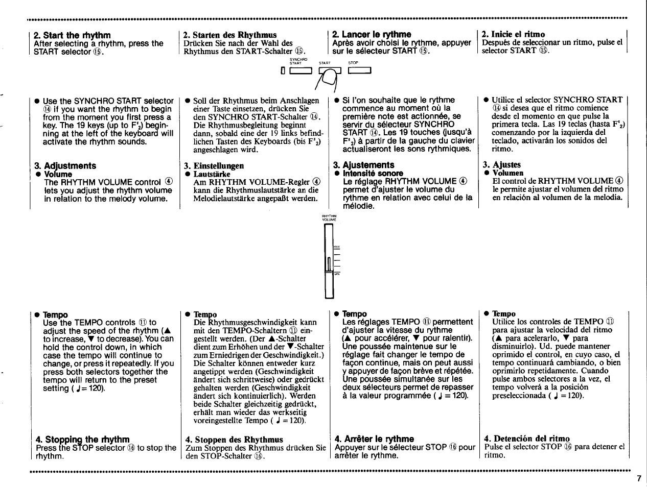 Start the rhythm, Lancer le rythme, Adjustments • volume | Ajustements e intensité sonore, Tempo, Stopping the rhythm, Arrêter le rythme | Yamaha PSS-370 User Manual | Page 9 / 24