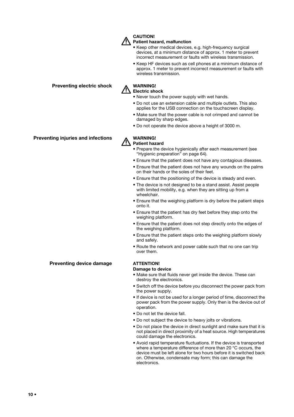 Preventing electric shock, Preventing injuries and infections, Preventing device damage | Seca 515 User Manual | Page 10 / 82