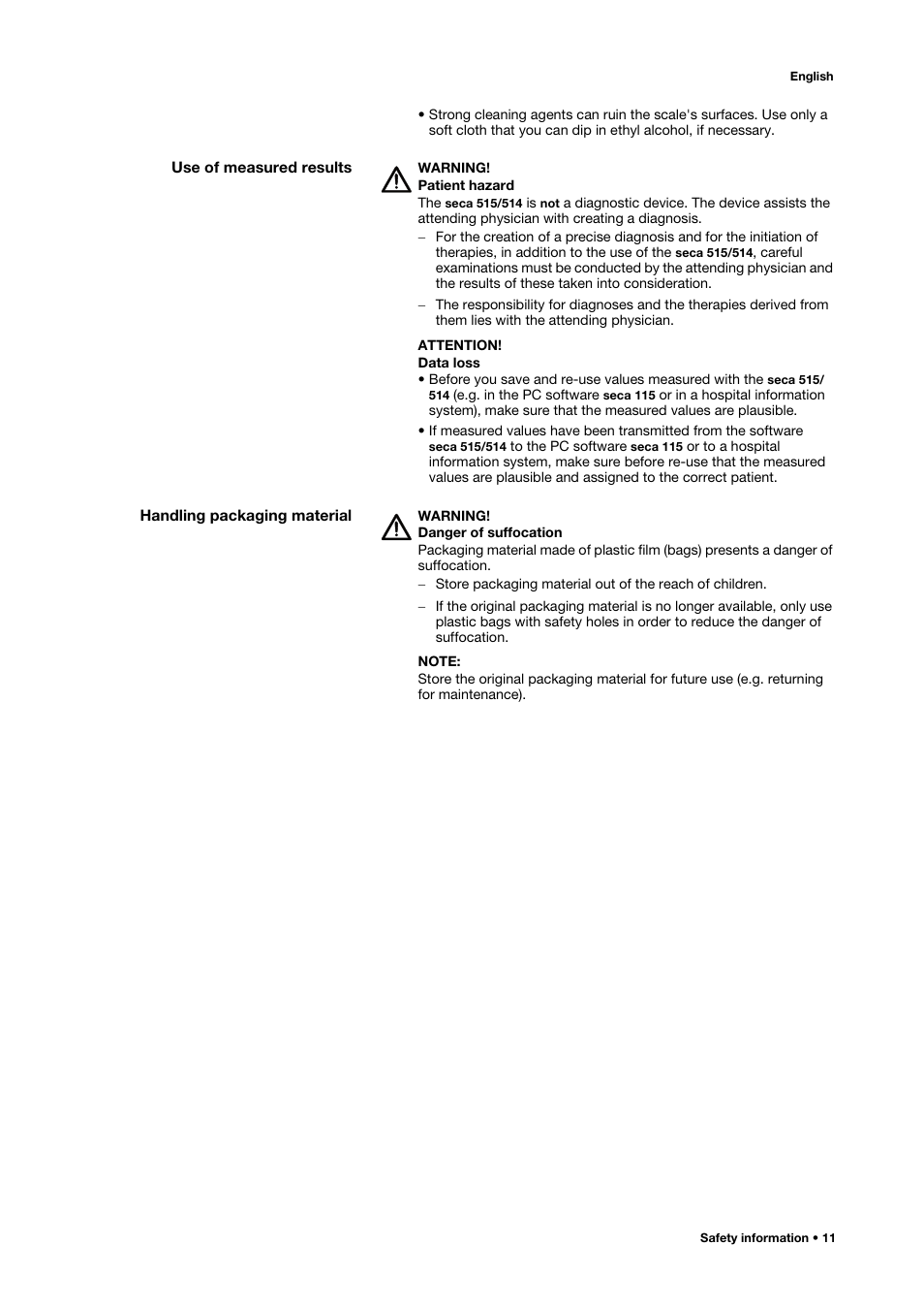 Use of measured results, Handling packaging material | Seca 515 User Manual | Page 11 / 82