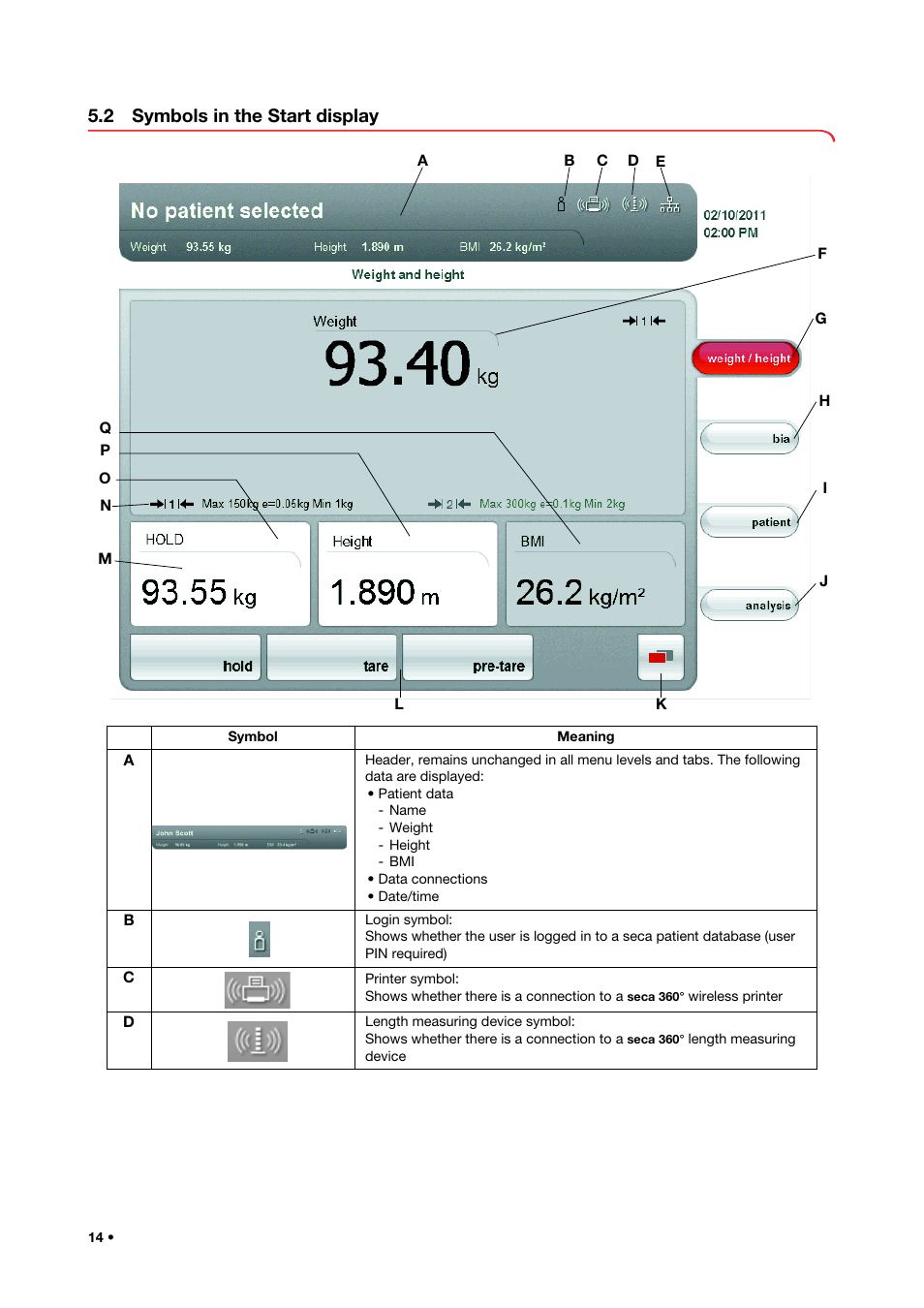 2 symbols in the start display | Seca 515 User Manual | Page 14 / 82