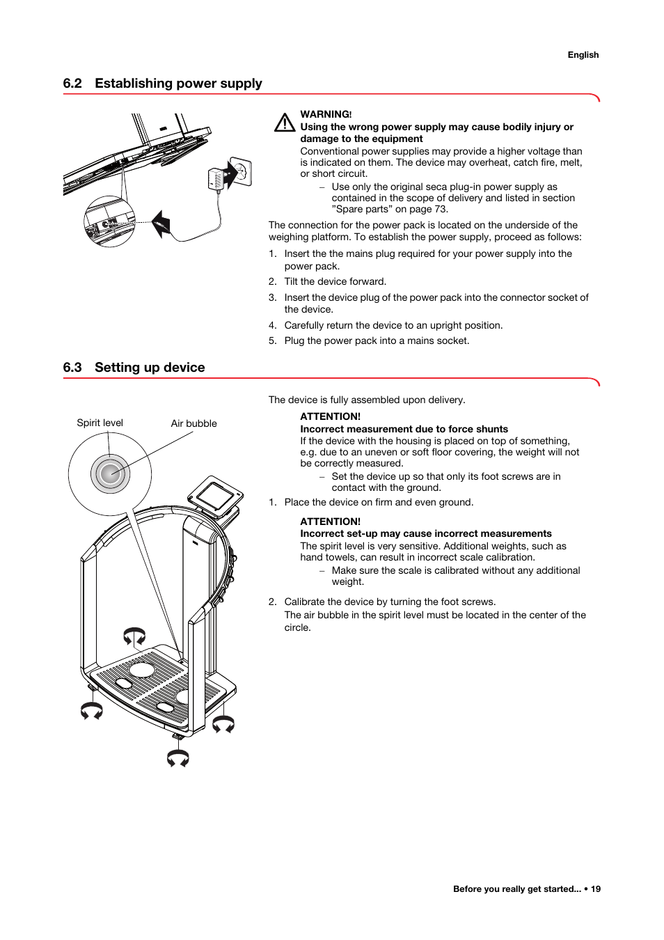 2 establishing power supply, 3 setting up device, 2 establishing power supply 6.3 setting up device | Seca 515 User Manual | Page 19 / 82