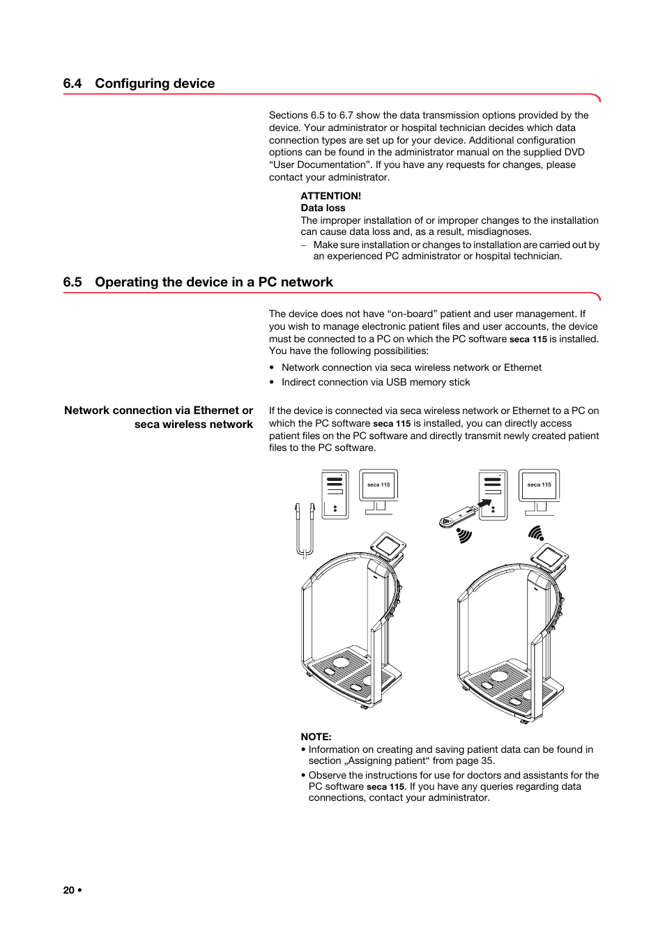 4 configuring device, 5 operating the device in a pc network | Seca 515 User Manual | Page 20 / 82