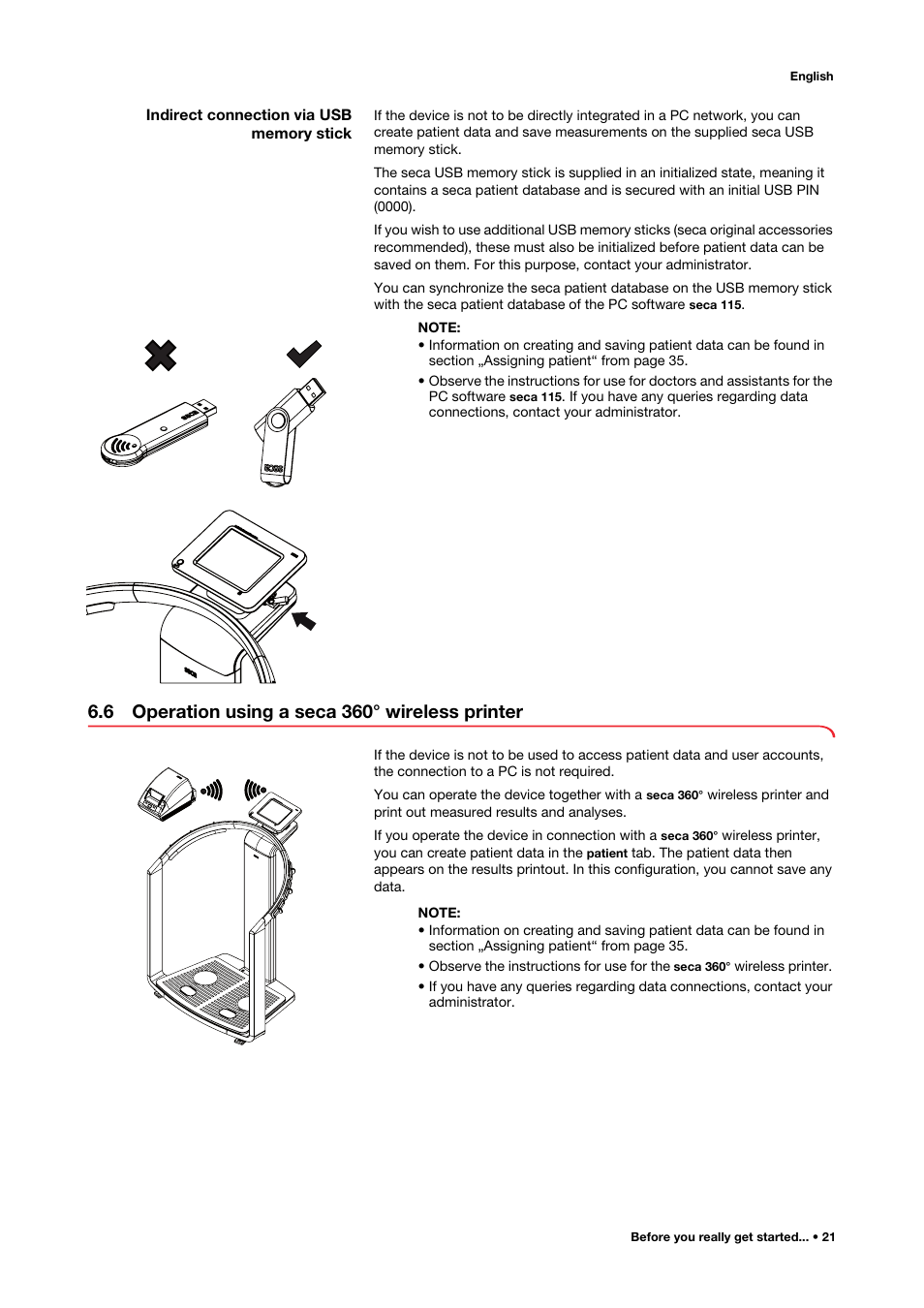 Indirect connection via usb memory stick, 6 operation using a seca 360° wireless printer, Indirect connection via usb memory stick 21 | Seca 515 User Manual | Page 21 / 82