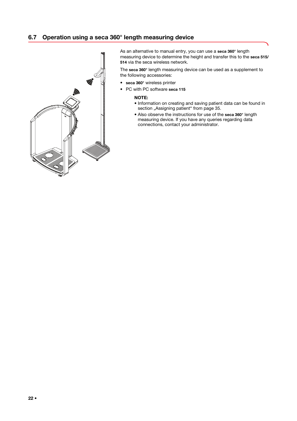 7 operation using a seca 360, Length measuring device | Seca 515 User Manual | Page 22 / 82