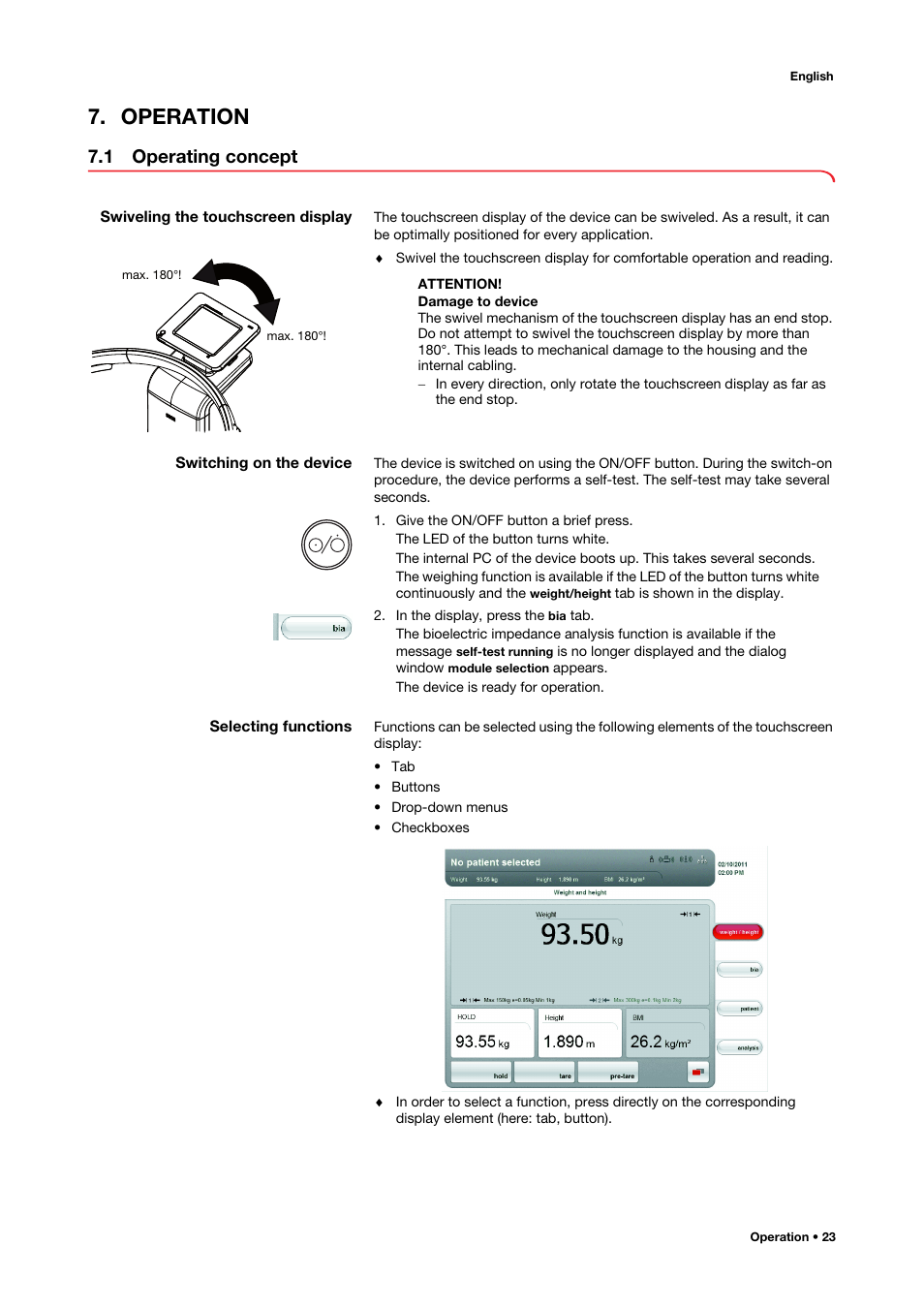 Operation, 1 operating concept, Swiveling the touchscreen display | Switching on the device, Selecting functions | Seca 515 User Manual | Page 23 / 82