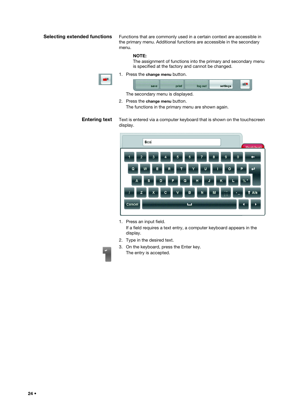 Selecting extended functions, Entering text, Selecting extended functions entering text | Seca 515 User Manual | Page 24 / 82