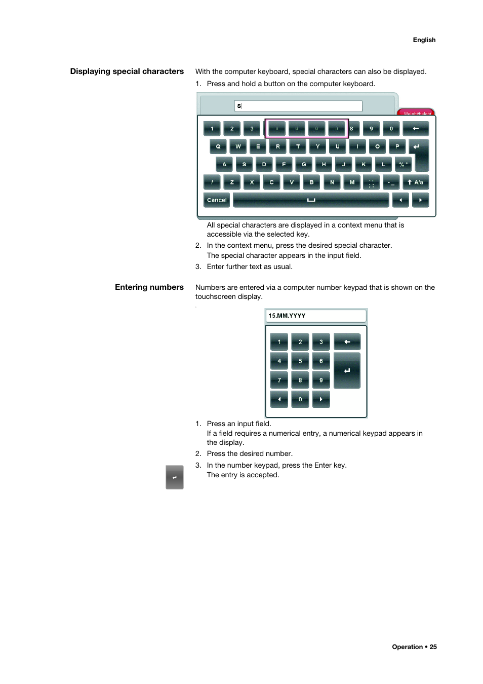 Displaying special characters, Entering numbers, Displaying special characters entering numbers | Seca 515 User Manual | Page 25 / 82