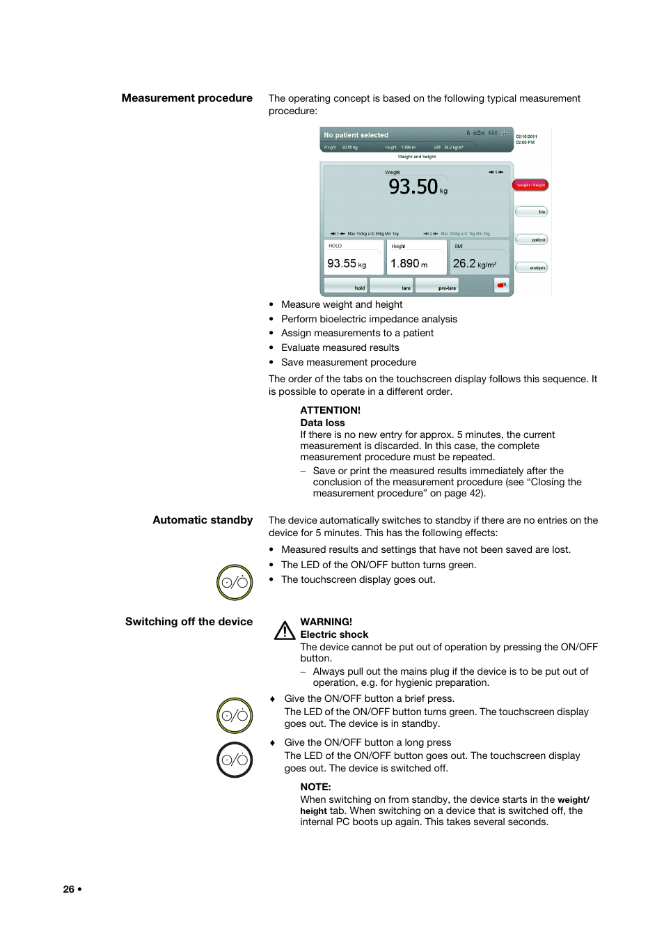Measurement procedure, Automatic standby, Switching off the device | Seca 515 User Manual | Page 26 / 82
