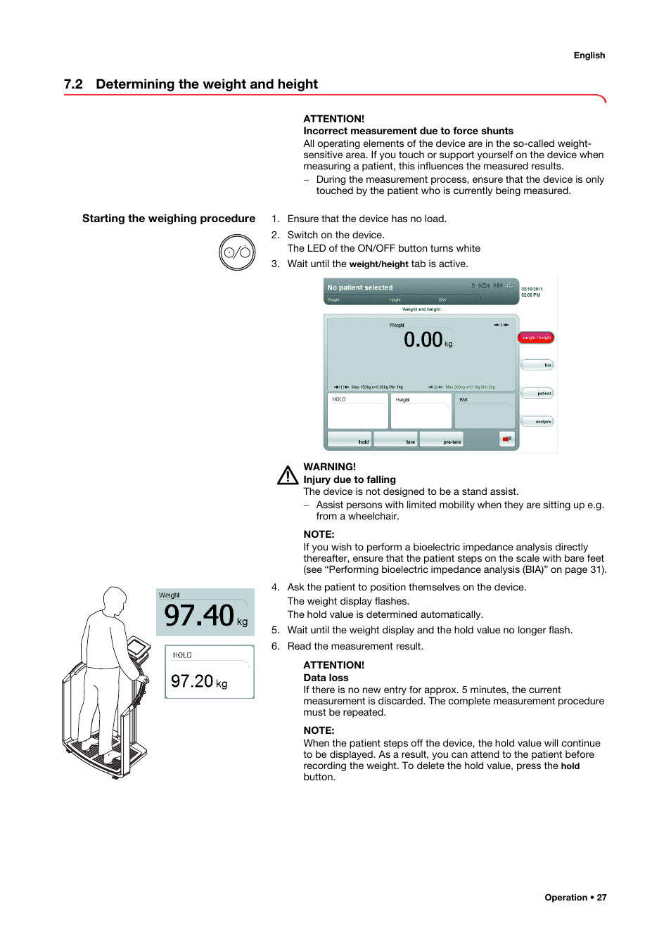 2 determining the weight and height, Starting the weighing procedure | Seca 515 User Manual | Page 27 / 82