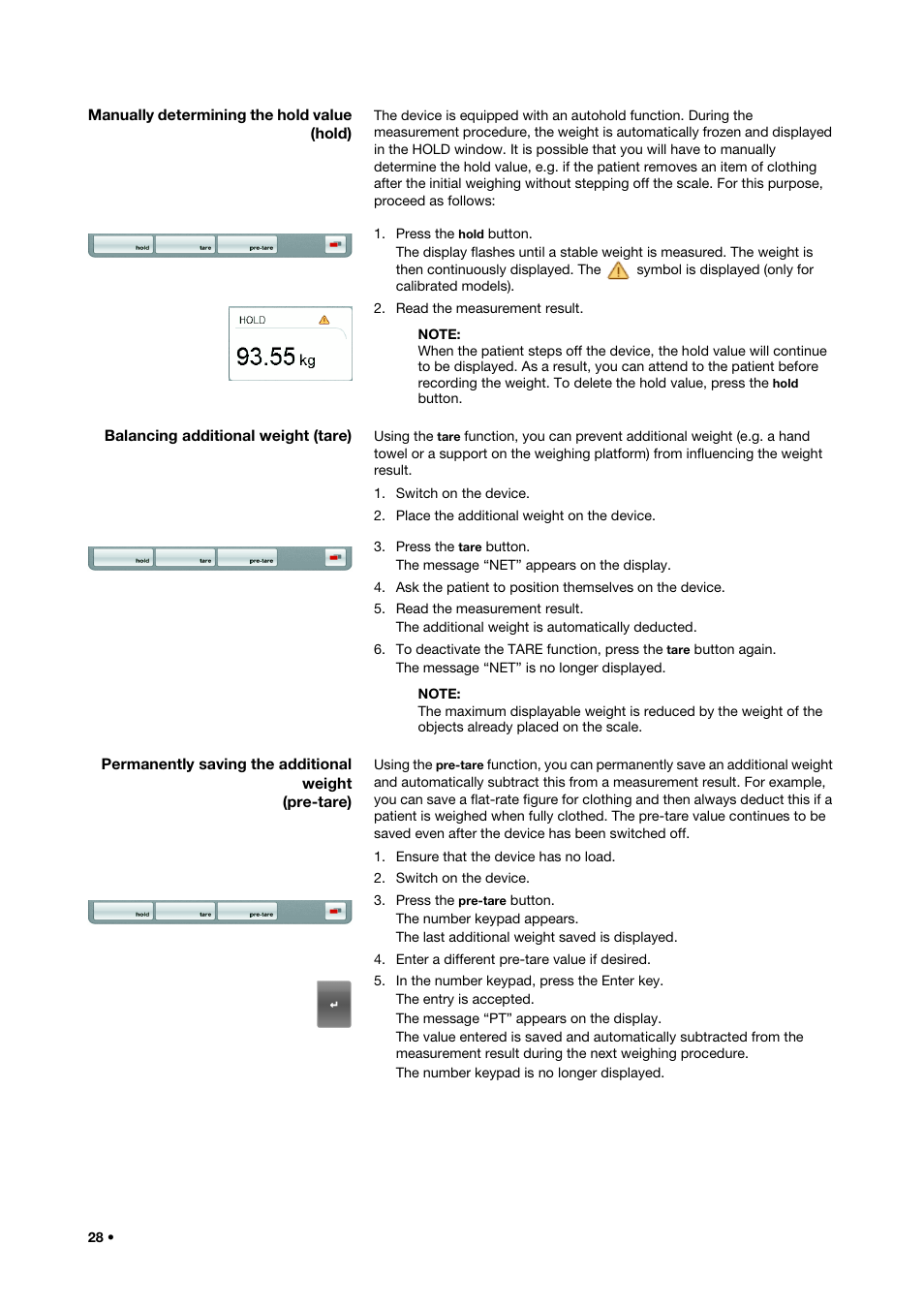 Manually determining the hold value (hold), Balancing additional weight (tare), Manually determining the hold value (hold) 28 | Pre-tare) | Seca 515 User Manual | Page 28 / 82