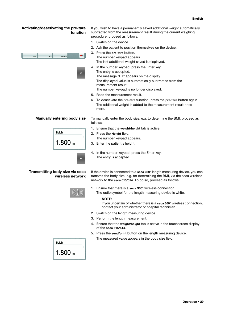 Activating/deactivating the pre-tare function, Manually entering body size, Transmitting body size via seca wireless network | Activating/deactivating | Seca 515 User Manual | Page 29 / 82