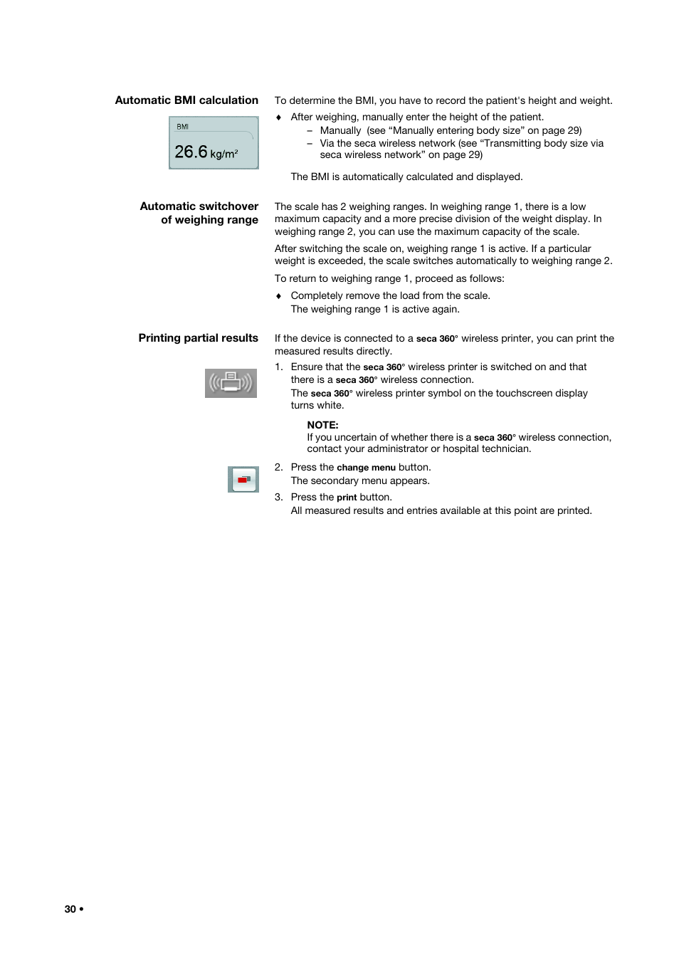 Automatic bmi calculation, Automatic switchover of weighing range, Printing partial results | Automatic bmi calculation automatic switchover, Of weighing range printing partial results | Seca 515 User Manual | Page 30 / 82
