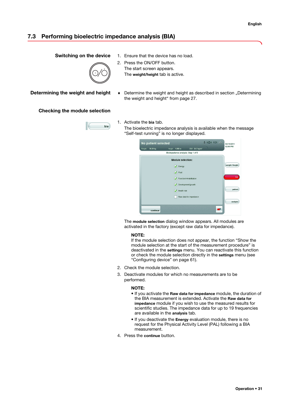 3 performing bioelectric impedance analysis (bia), Switching on the device, Determining the weight and height | Checking the module selection, 3 performing bioelectric impedance, Analysis (bia) | Seca 515 User Manual | Page 31 / 82