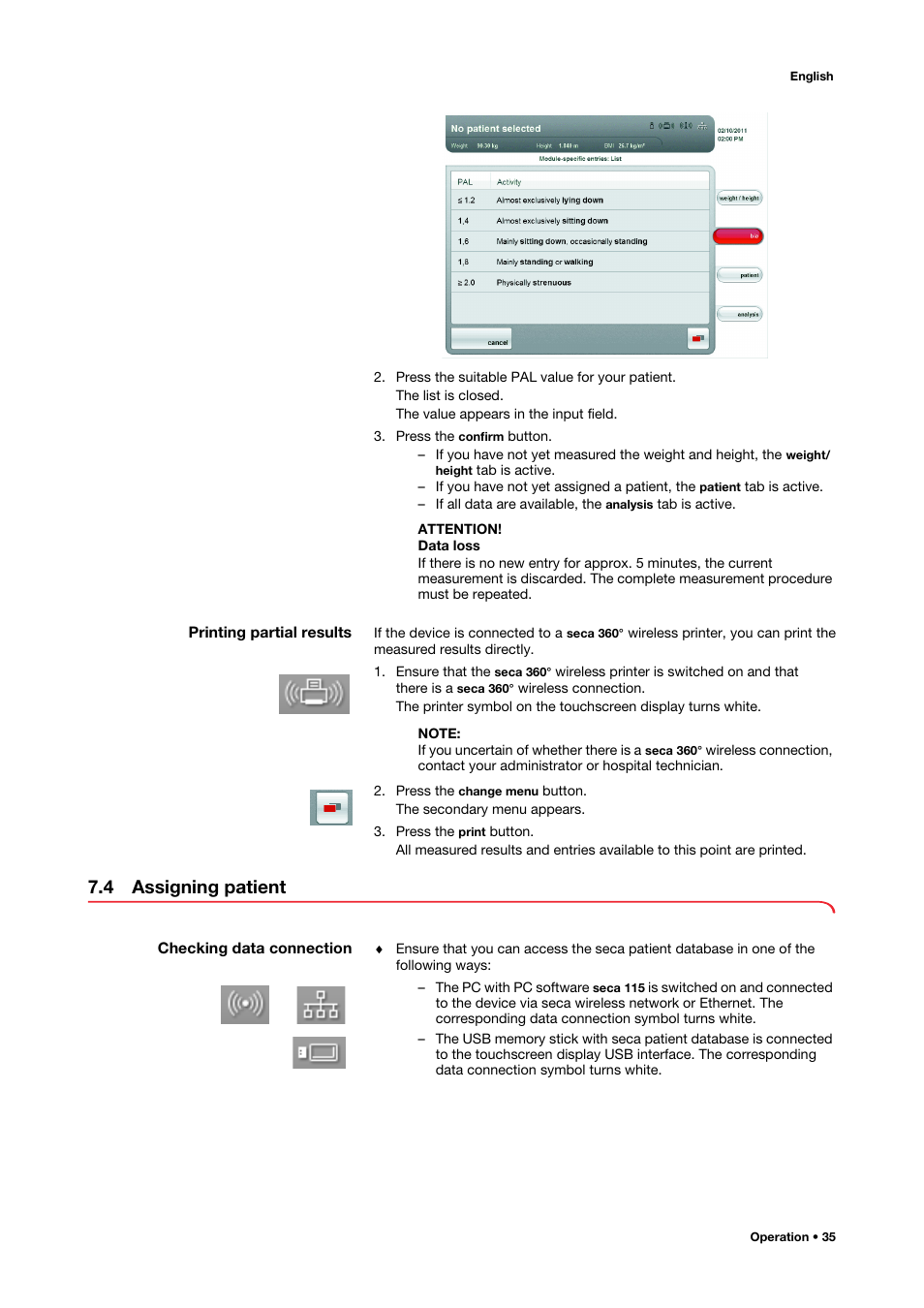 Printing partial results, 4 assigning patient, Checking data connection | Seca 515 User Manual | Page 35 / 82