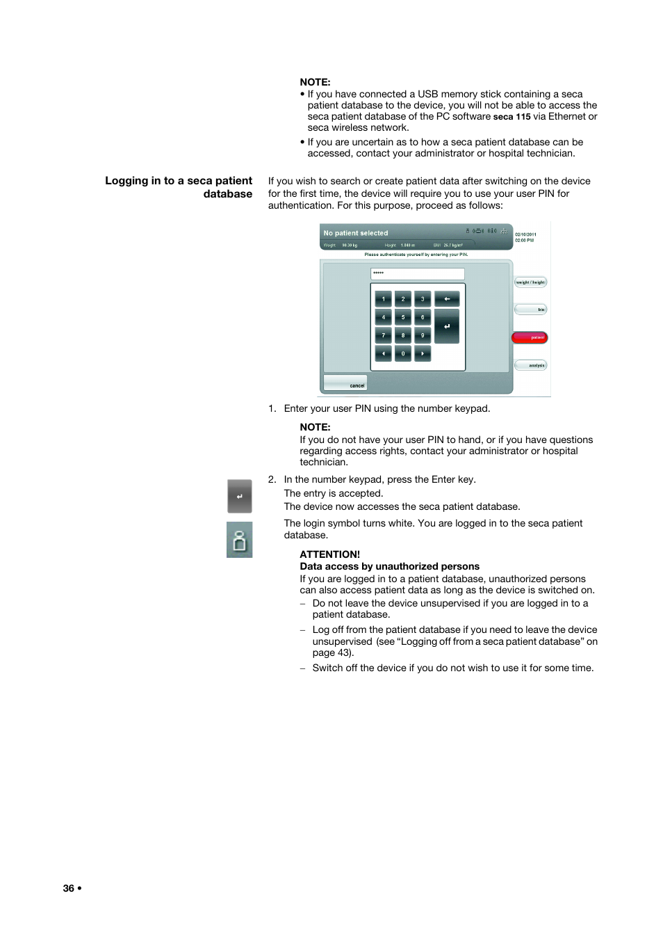 Logging in to a seca patient database | Seca 515 User Manual | Page 36 / 82
