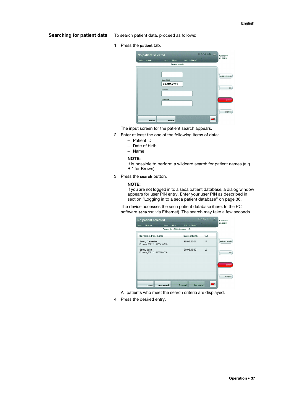 Searching for patient data | Seca 515 User Manual | Page 37 / 82