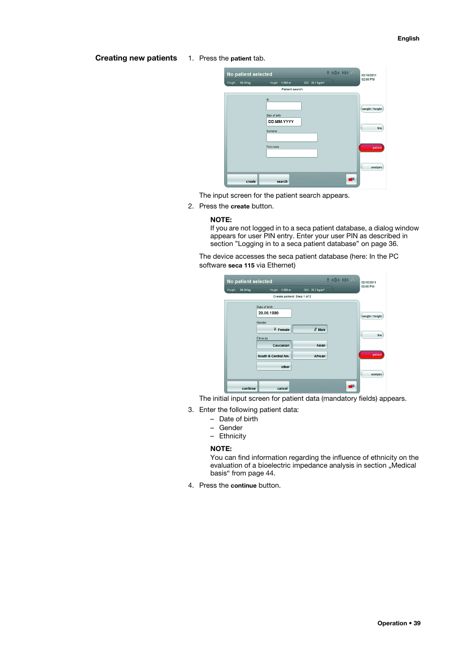 Creating new patients | Seca 515 User Manual | Page 39 / 82