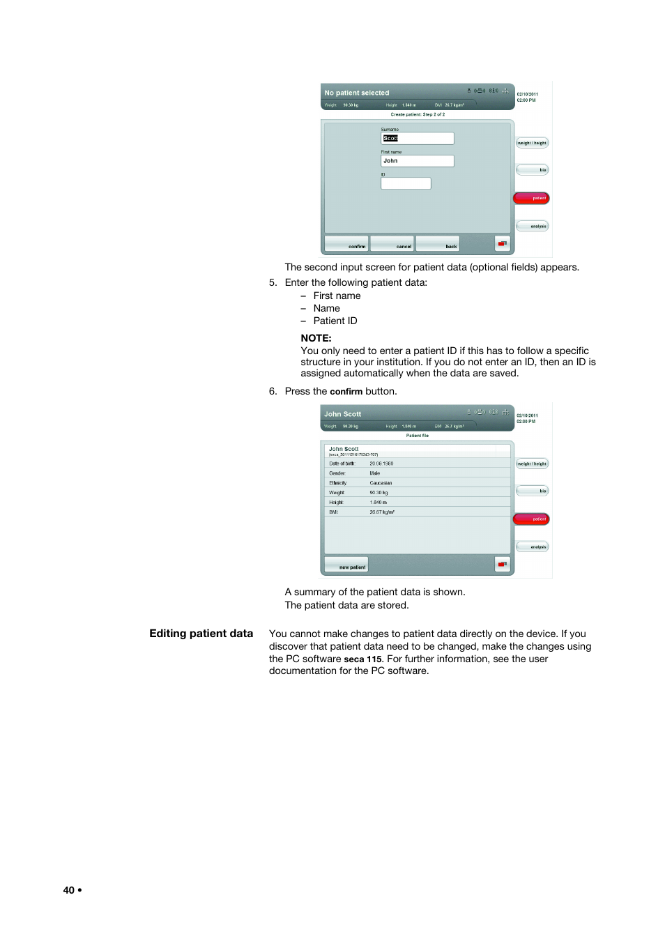 Editing patient data | Seca 515 User Manual | Page 40 / 82