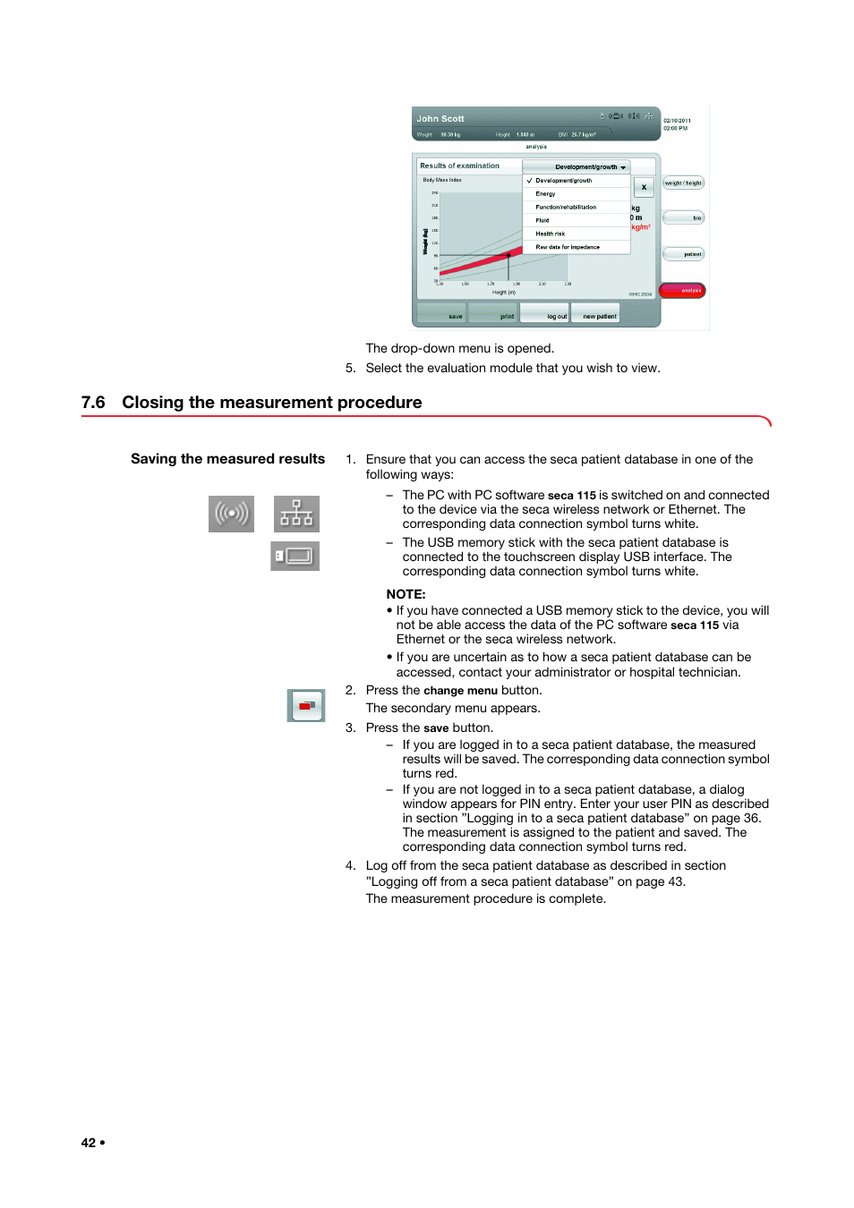 6 closing the measurement procedure, Saving the measured results | Seca 515 User Manual | Page 42 / 82