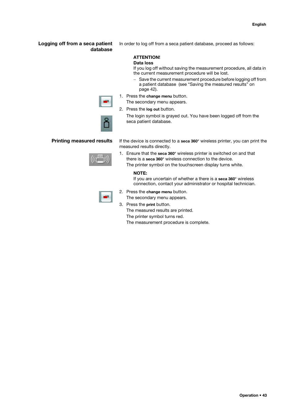Logging off from a seca patient database, Printing measured results | Seca 515 User Manual | Page 43 / 82
