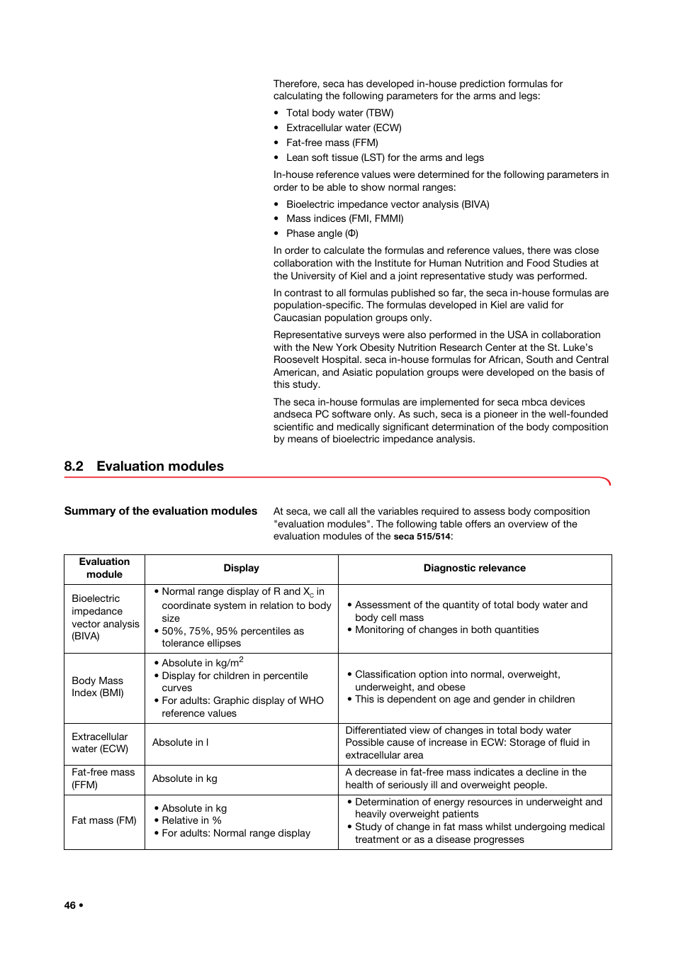 2 evaluation modules, Summary of the evaluation modules | Seca 515 User Manual | Page 46 / 82