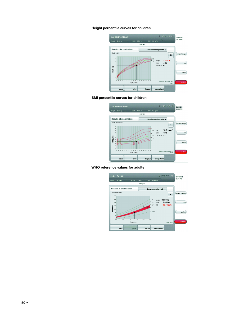 Height percentile curves for children, Bmi percentile curves for children, Who reference values for adults | Seca 515 User Manual | Page 50 / 82