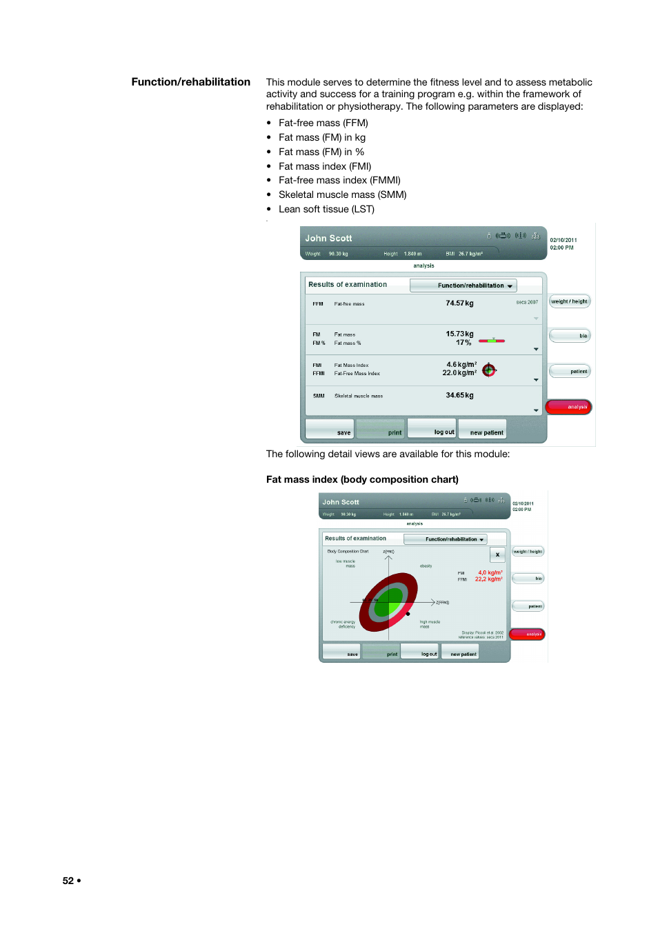 Function/rehabilitation, Fat mass index (body composition chart) | Seca 515 User Manual | Page 52 / 82