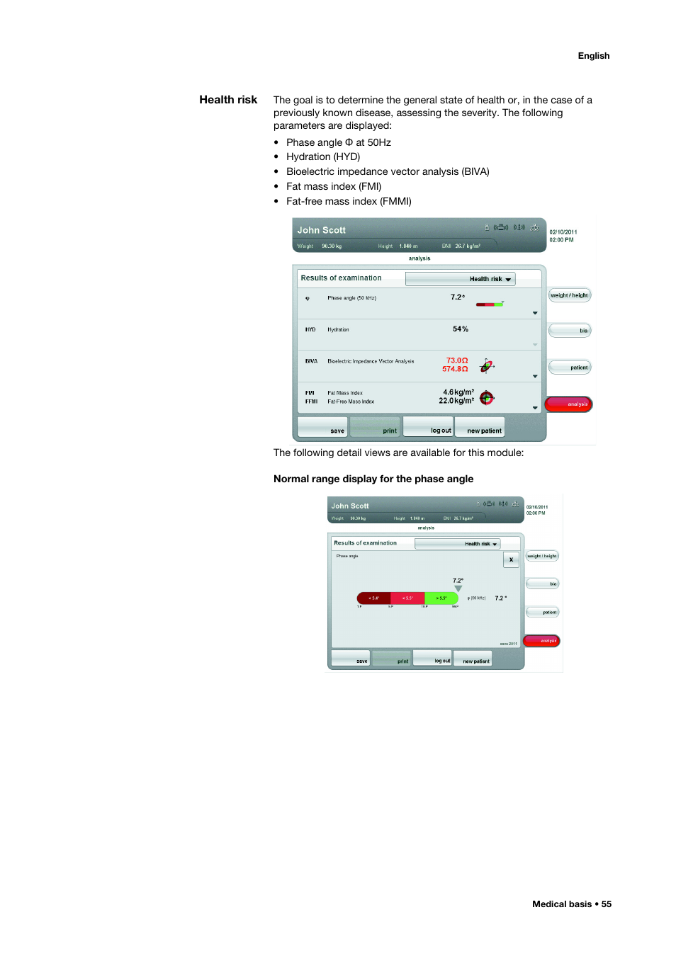 Health risk, Normal range display for the phase angle | Seca 515 User Manual | Page 55 / 82