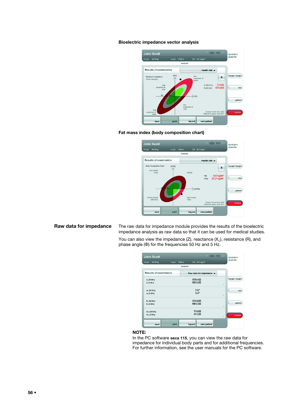 Bioelectric impedance vector analysis, Fat mass index (body composition chart), Raw data for impedance | Seca 515 User Manual | Page 56 / 82