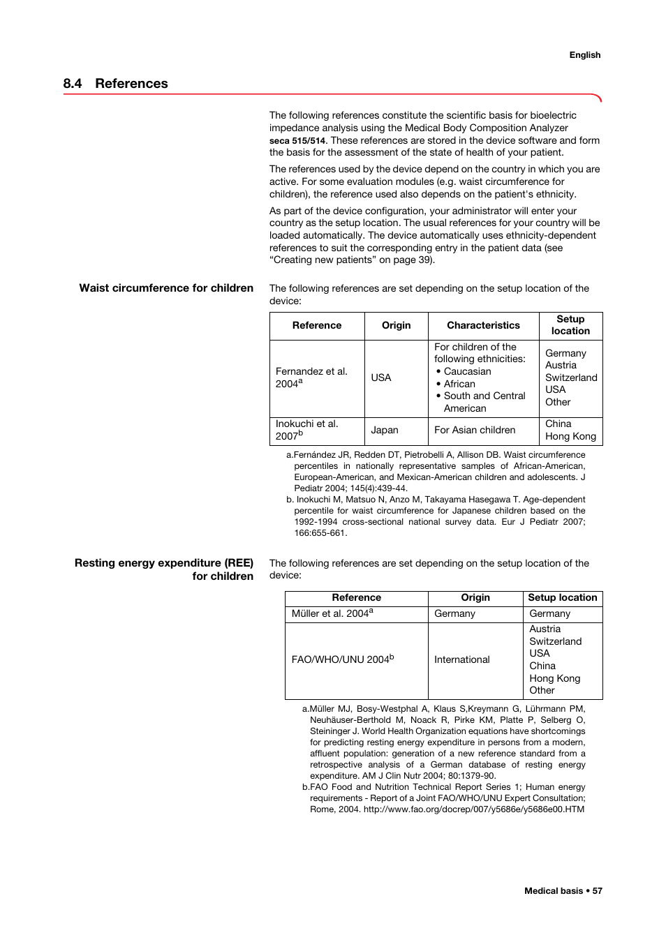 4 references, Waist circumference for children, Resting energy expenditure (ree) for children | For children | Seca 515 User Manual | Page 57 / 82