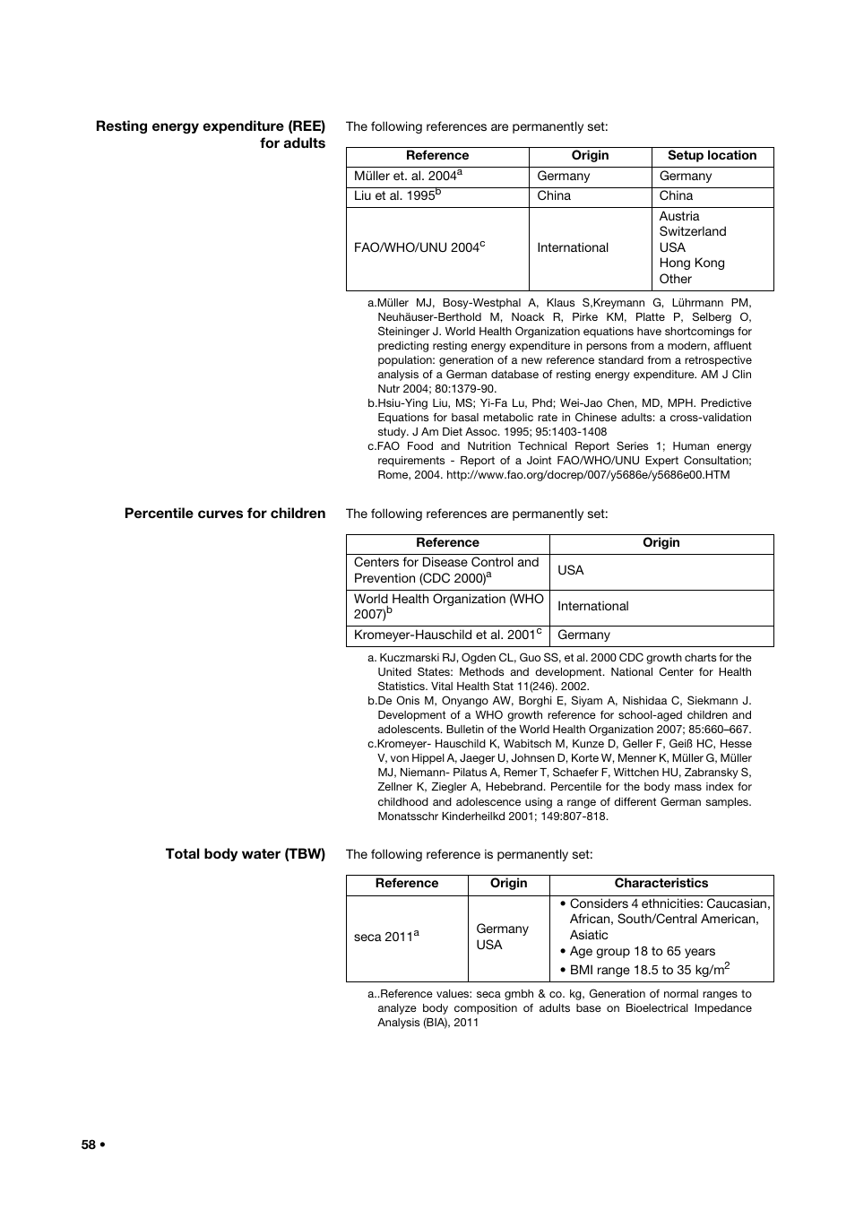 Resting energy expenditure (ree) for adults, Percentile curves for children, Total body water (tbw) | Resting energy expenditure (ree) | Seca 515 User Manual | Page 58 / 82