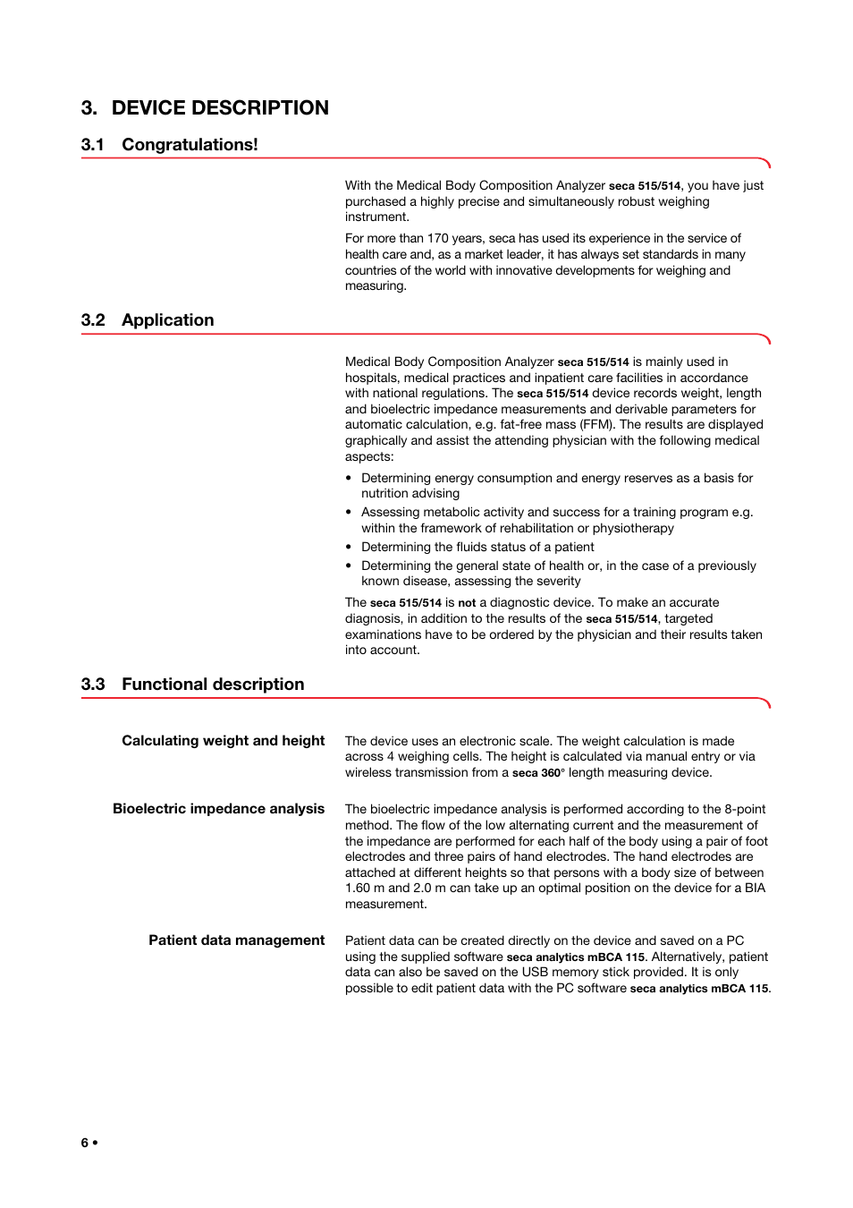 Device description, 1 congratulations, 2 application | 3 functional description, Calculating weight and height, Bioelectric impedance analysis, Patient data management | Seca 515 User Manual | Page 6 / 82