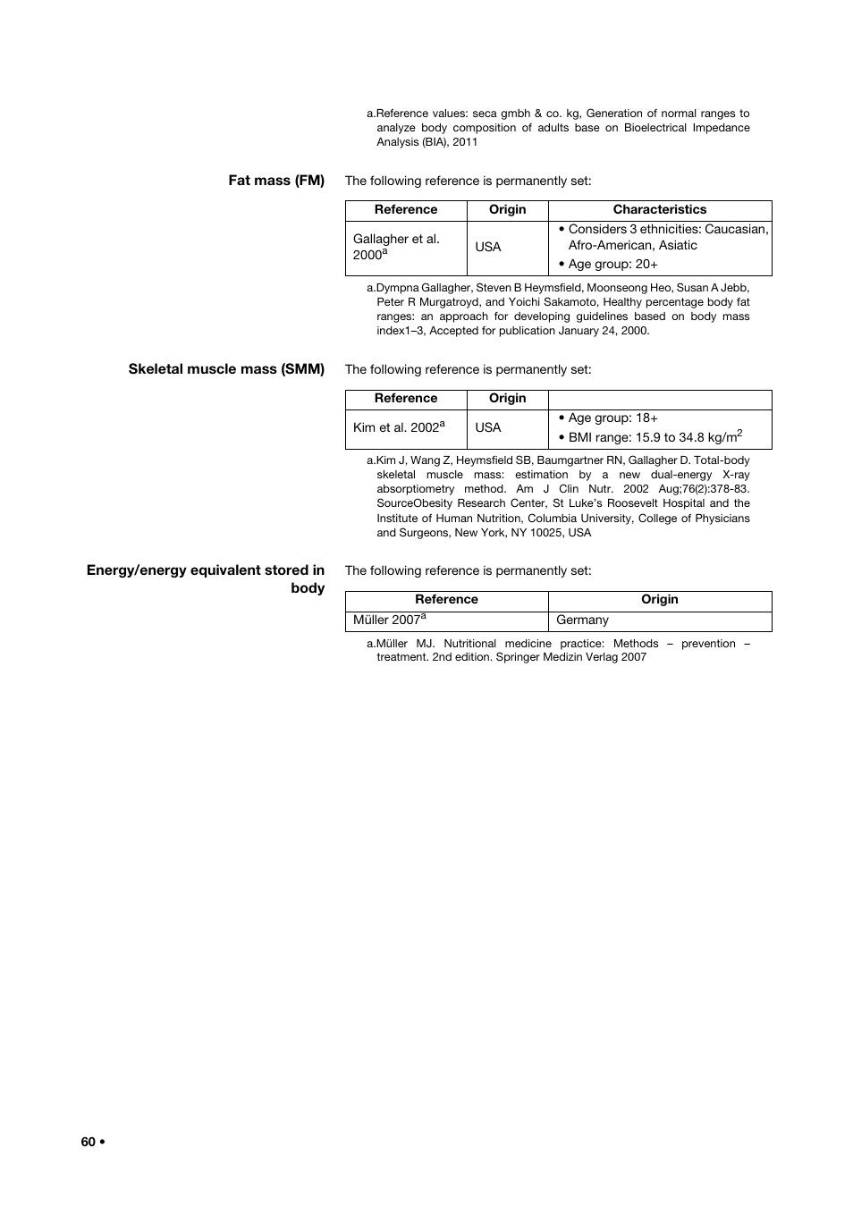Fat mass (fm), Skeletal muscle mass (smm), Energy/energy equivalent stored in body | Seca 515 User Manual | Page 60 / 82