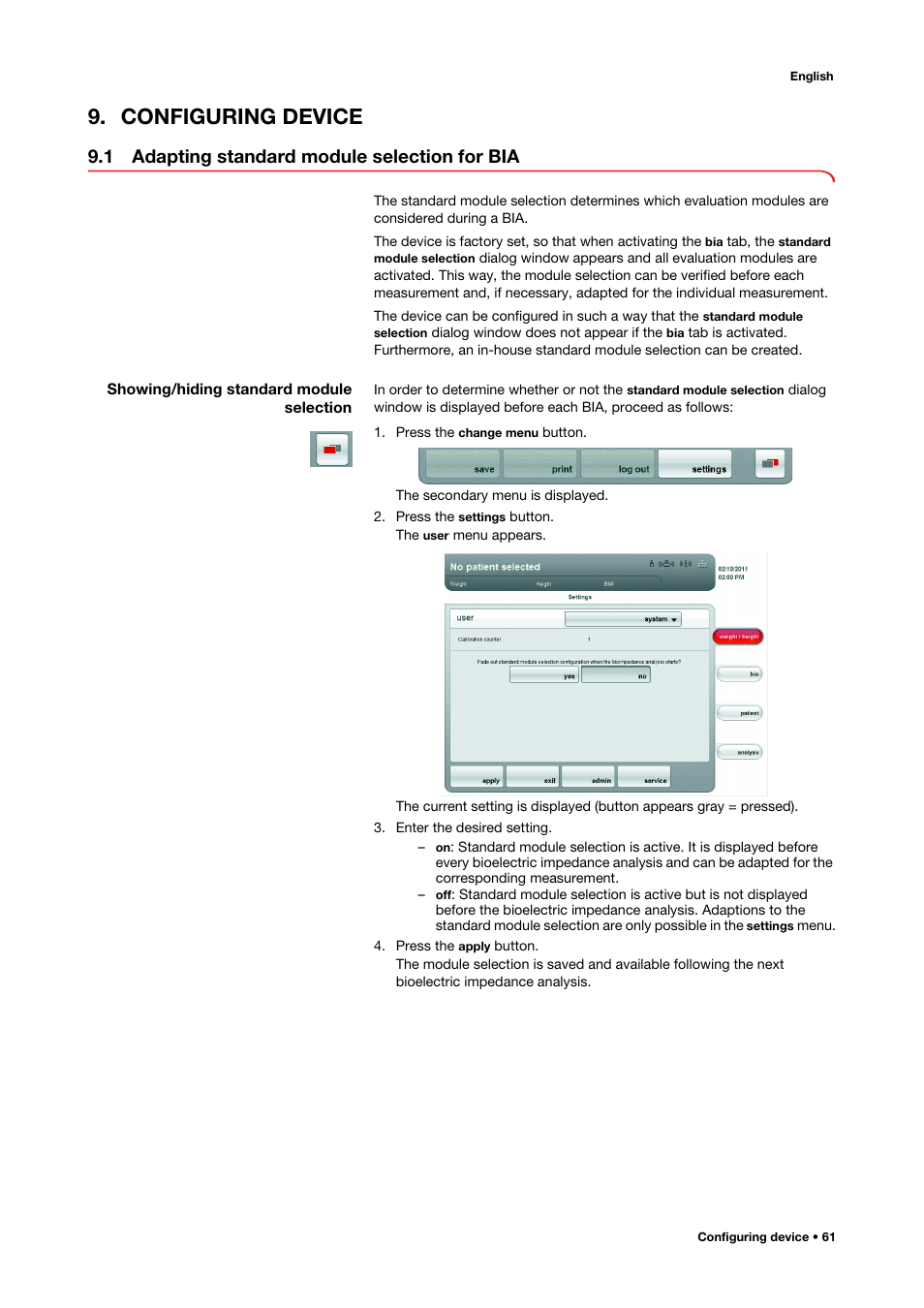 Configuring device, 1 adapting standard module selection for bia, Showing/hiding standard module selection | 1 adapting standard module selection for bia . 61, Showing/hiding standard module selection 61 | Seca 515 User Manual | Page 61 / 82