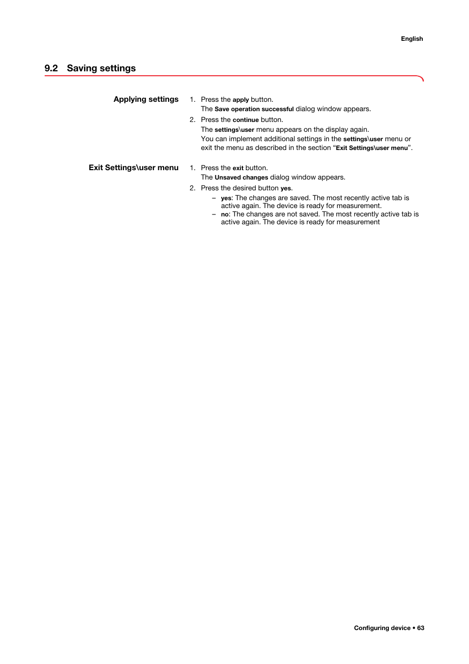 2 saving settings, Applying settings, Exit settings\user menu | Applying settings exit settings\user menu | Seca 515 User Manual | Page 63 / 82