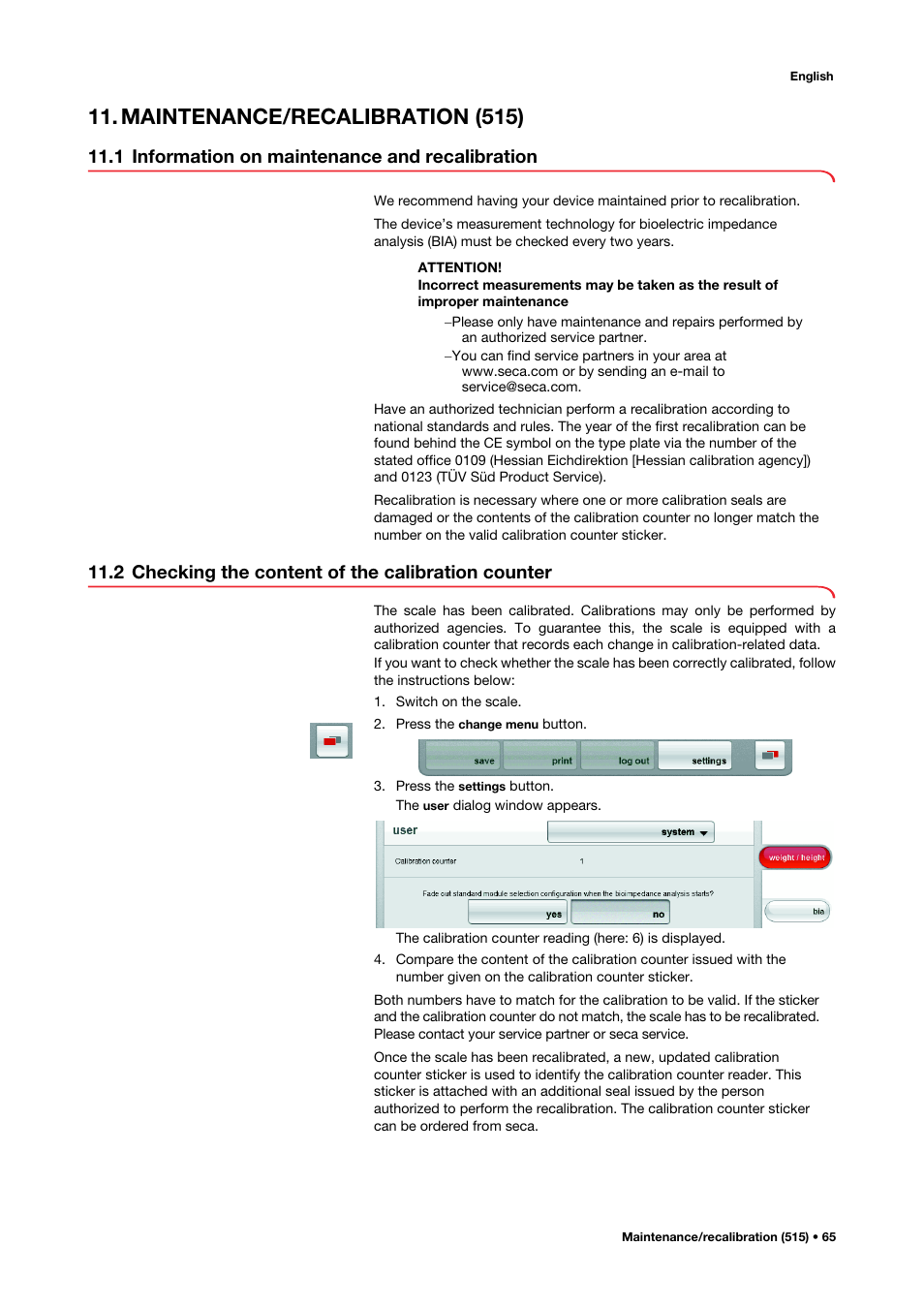 Maintenance/recalibration (515), 1 information on maintenance and recalibration, 2 checking the content of the calibration counter | 1 information on maintenance, And recalibration, 2 checking the content, Of the calibration counter | Seca 515 User Manual | Page 65 / 82